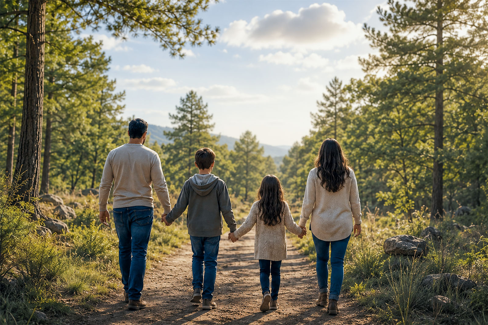 A family considers Passion Week as they walk hand-in-hand through a forest